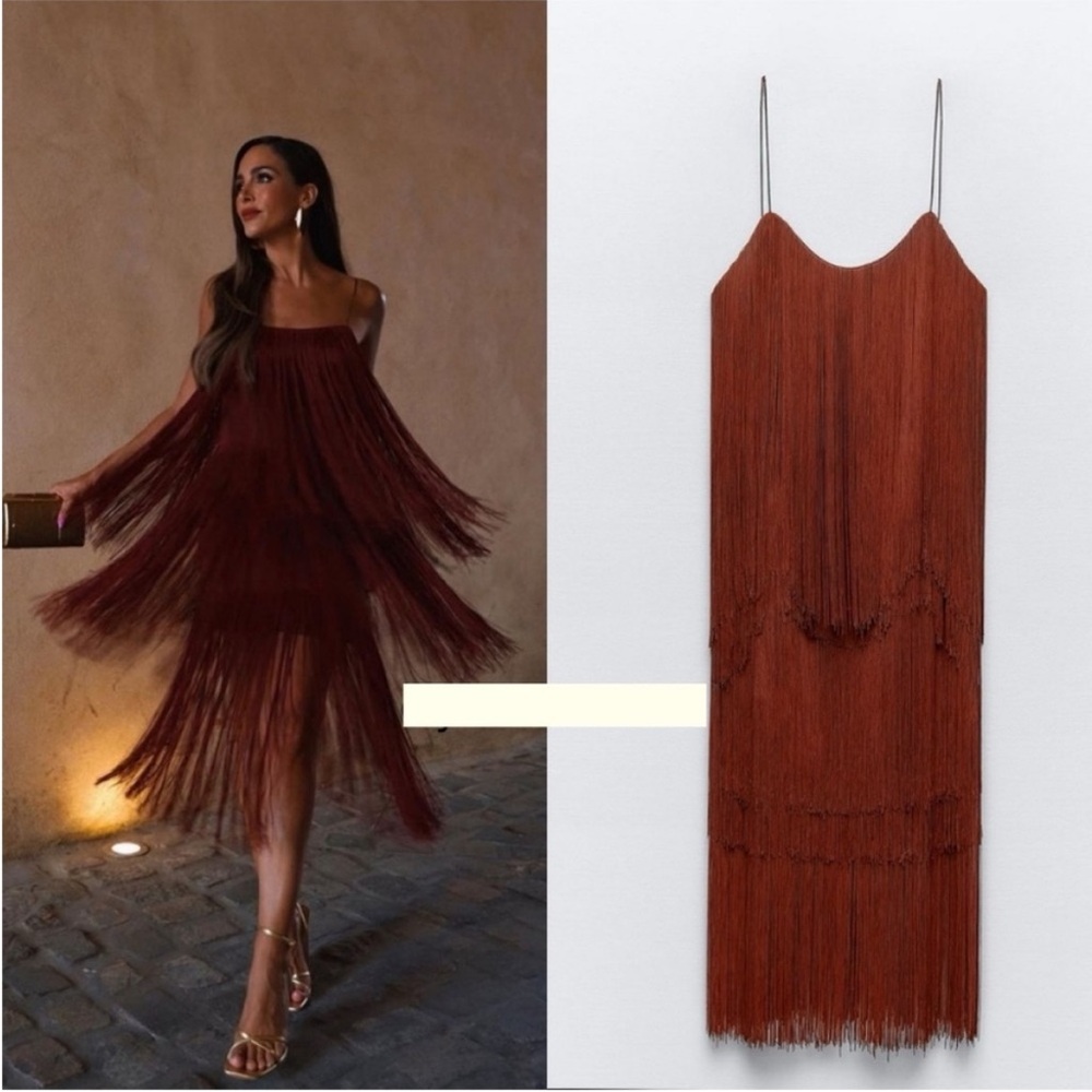 ZARA Brown Midi Fringe Dress NWT MEDIUM - Picture 11 of 11